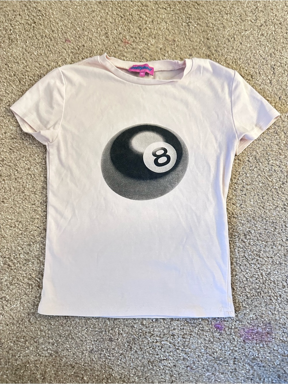 Edikted Light Pink Short Sleeve Tee with Black 8-Ball Graphic